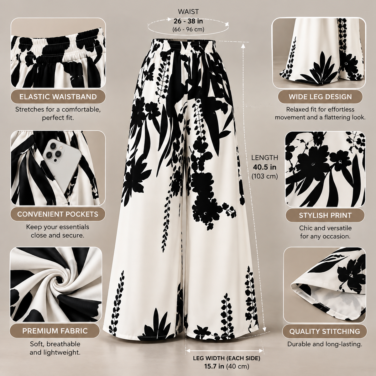 Women’s High Waist Wide Leg Pants Floral Palazzo Trousers Flowy Summer Lounge Casual Beach Outfit with Pockets