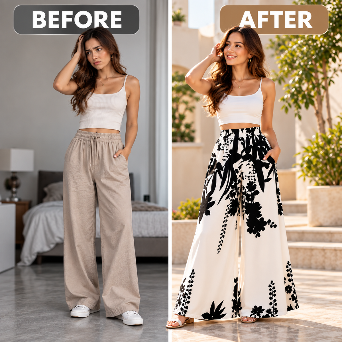 Women’s High Waist Wide Leg Pants Floral Palazzo Trousers Flowy Summer Lounge Casual Beach Outfit with Pockets