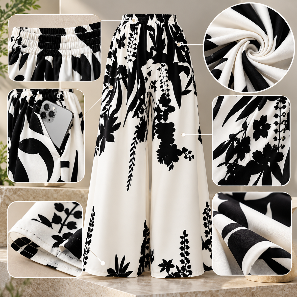 Women’s High Waist Wide Leg Pants Floral Palazzo Trousers Flowy Summer Lounge Casual Beach Outfit with Pockets