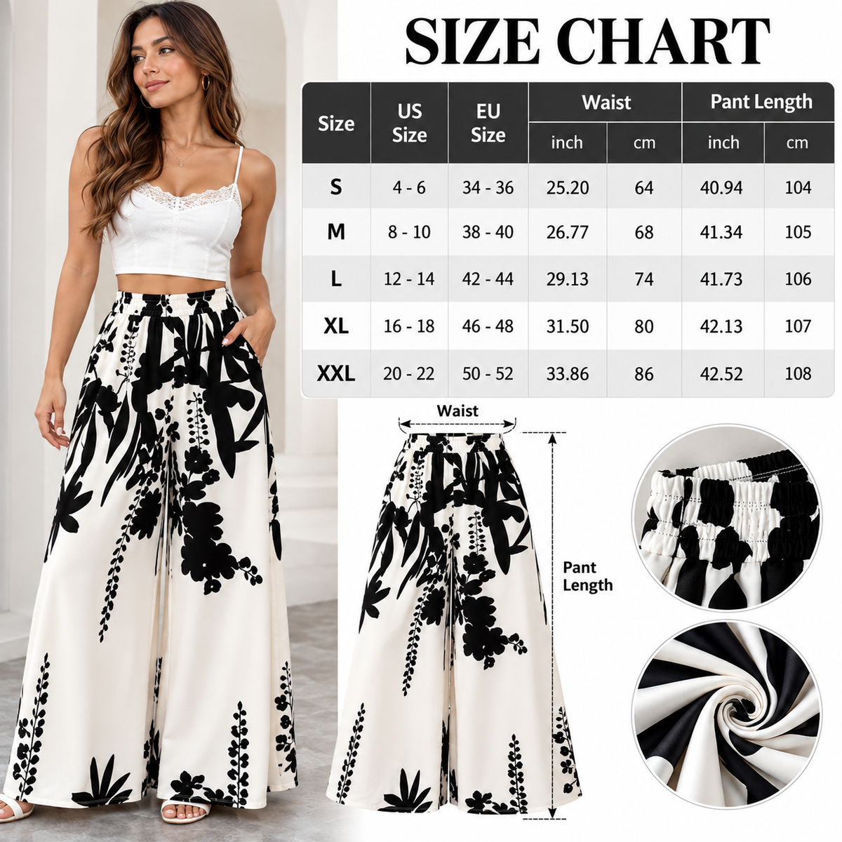 Women’s High Waist Wide Leg Pants Floral Palazzo Trousers Flowy Summer Lounge Casual Beach Outfit with Pockets