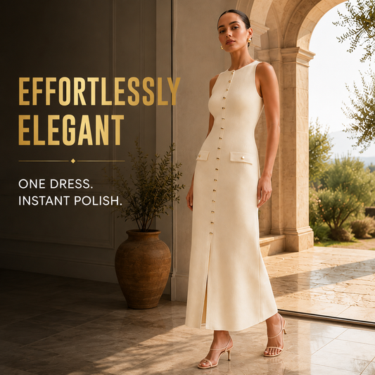 Elegant Knit Maxi Dress with Gold Buttons, Sleeveless Fitted Long Dress, Elegant Minimalist Pocket Dress, Quiet Luxury Style