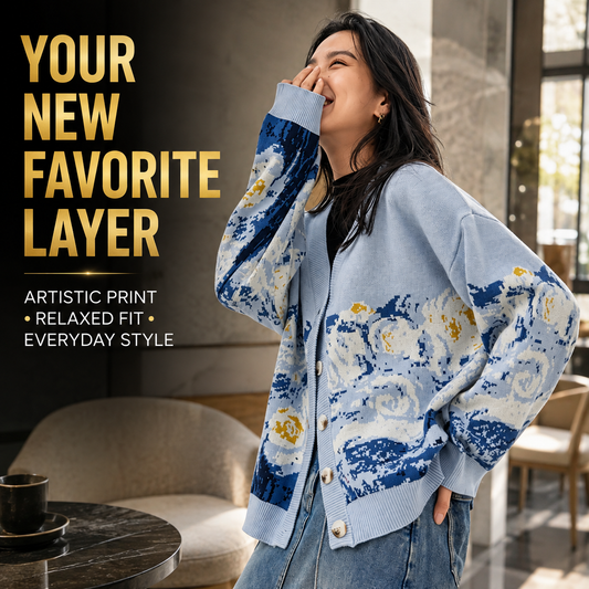 Oversized Knit Cardigan for Women, Abstract Printed V Neck Button Sweater, Relaxed Casual Artistic Layering Cardigan