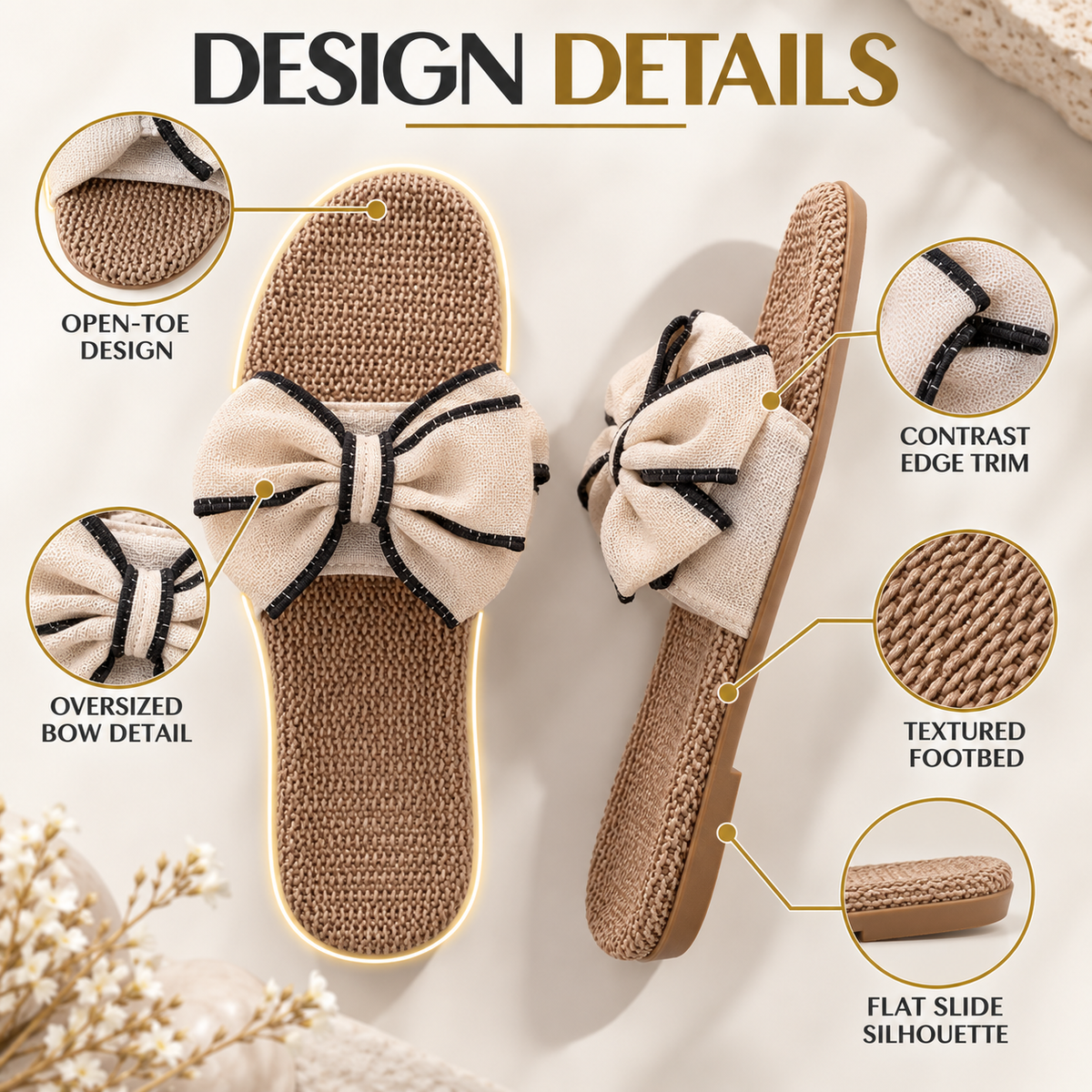 Women’s Bow Slide Sandals |  Woven Flat Slip On Sandals |  Cream Bow Summer Slides |  Casual Vacation Beach Sandals for Women