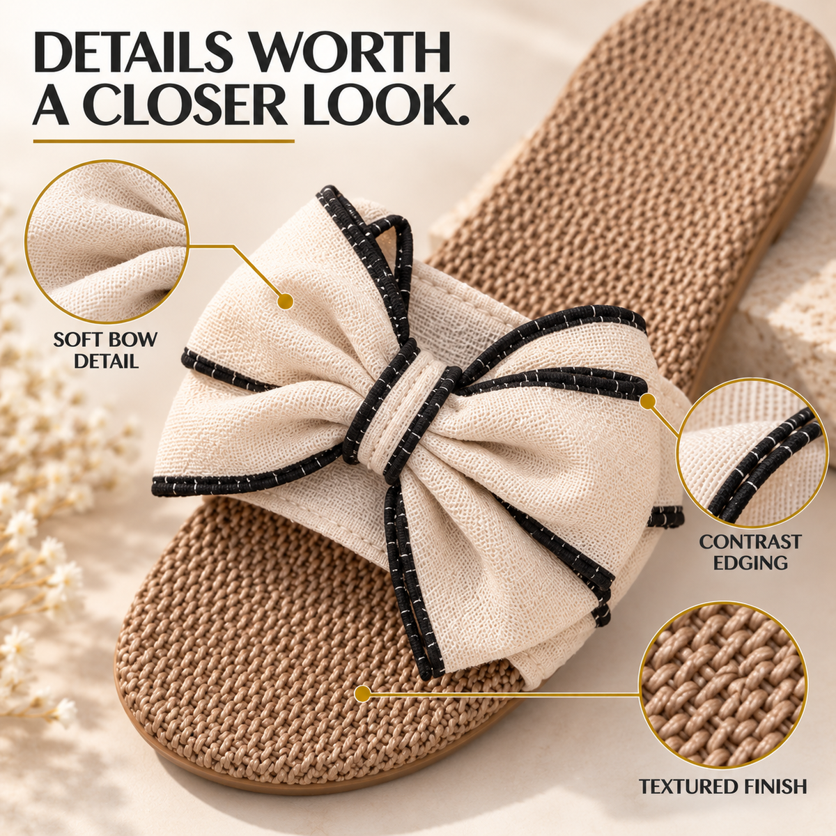 Women’s Bow Slide Sandals |  Woven Flat Slip On Sandals |  Cream Bow Summer Slides |  Casual Vacation Beach Sandals for Women