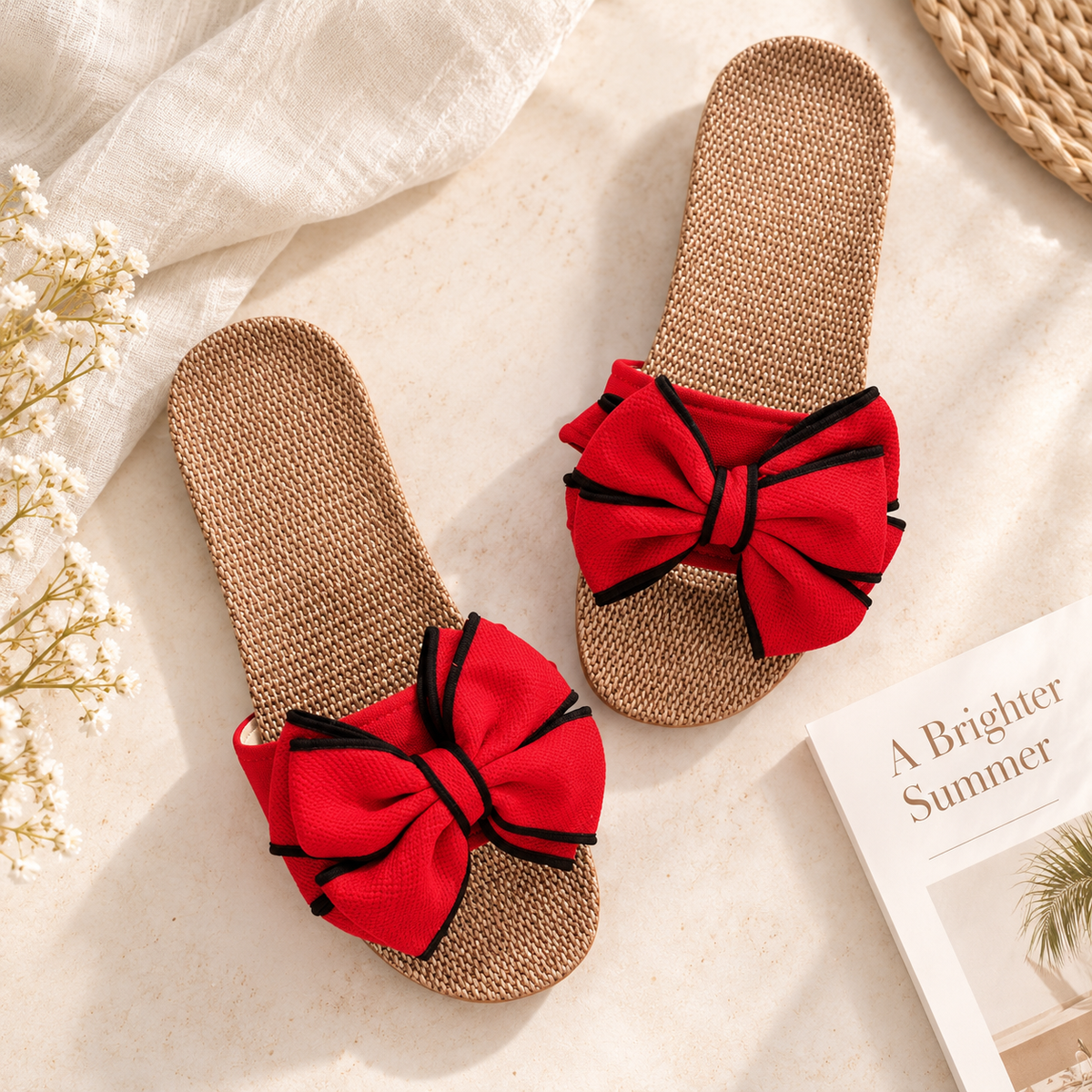 Women’s Bow Slide Sandals |  Woven Flat Slip On Sandals |  Cream Bow Summer Slides |  Casual Vacation Beach Sandals for Women