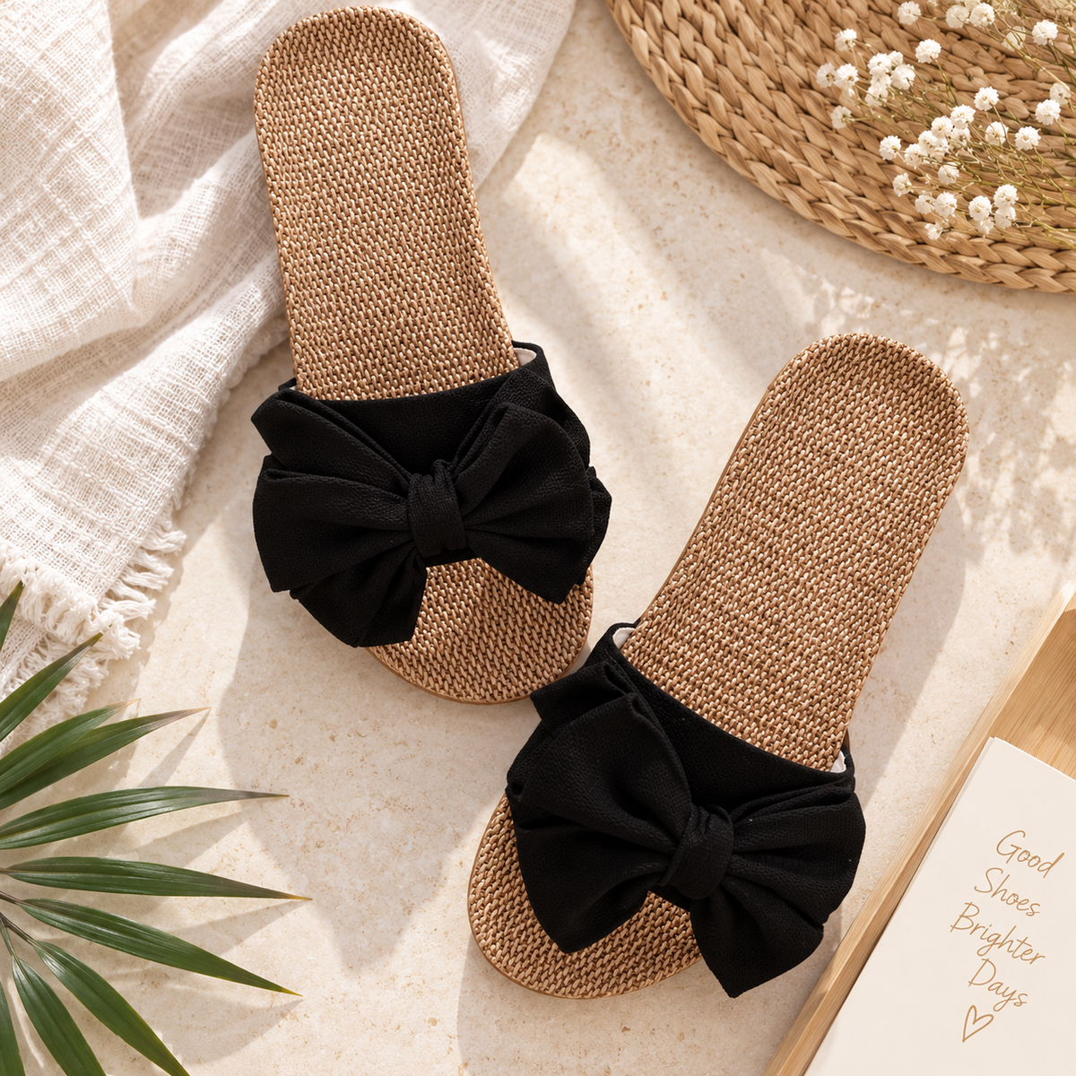 Women’s Bow Slide Sandals |  Woven Flat Slip On Sandals |  Cream Bow Summer Slides |  Casual Vacation Beach Sandals for Women