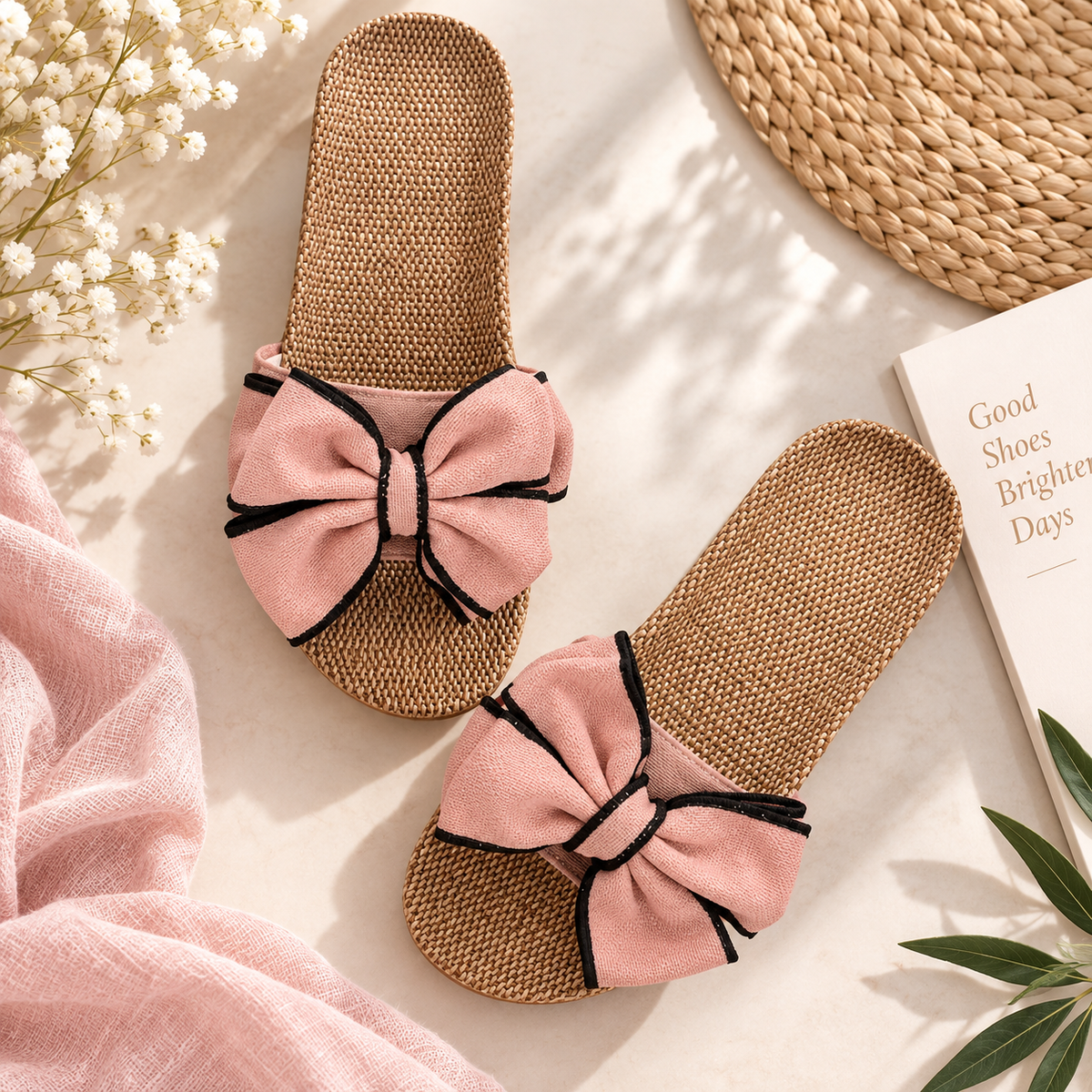 Women’s Bow Slide Sandals |  Woven Flat Slip On Sandals |  Cream Bow Summer Slides |  Casual Vacation Beach Sandals for Women