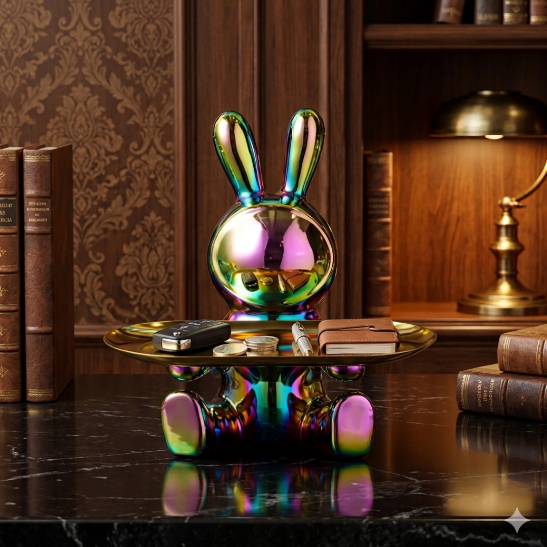 Decorative Rabbit Figurine Statue on Ornate Tray — Luxury Bunny Sculpture for Home Décor