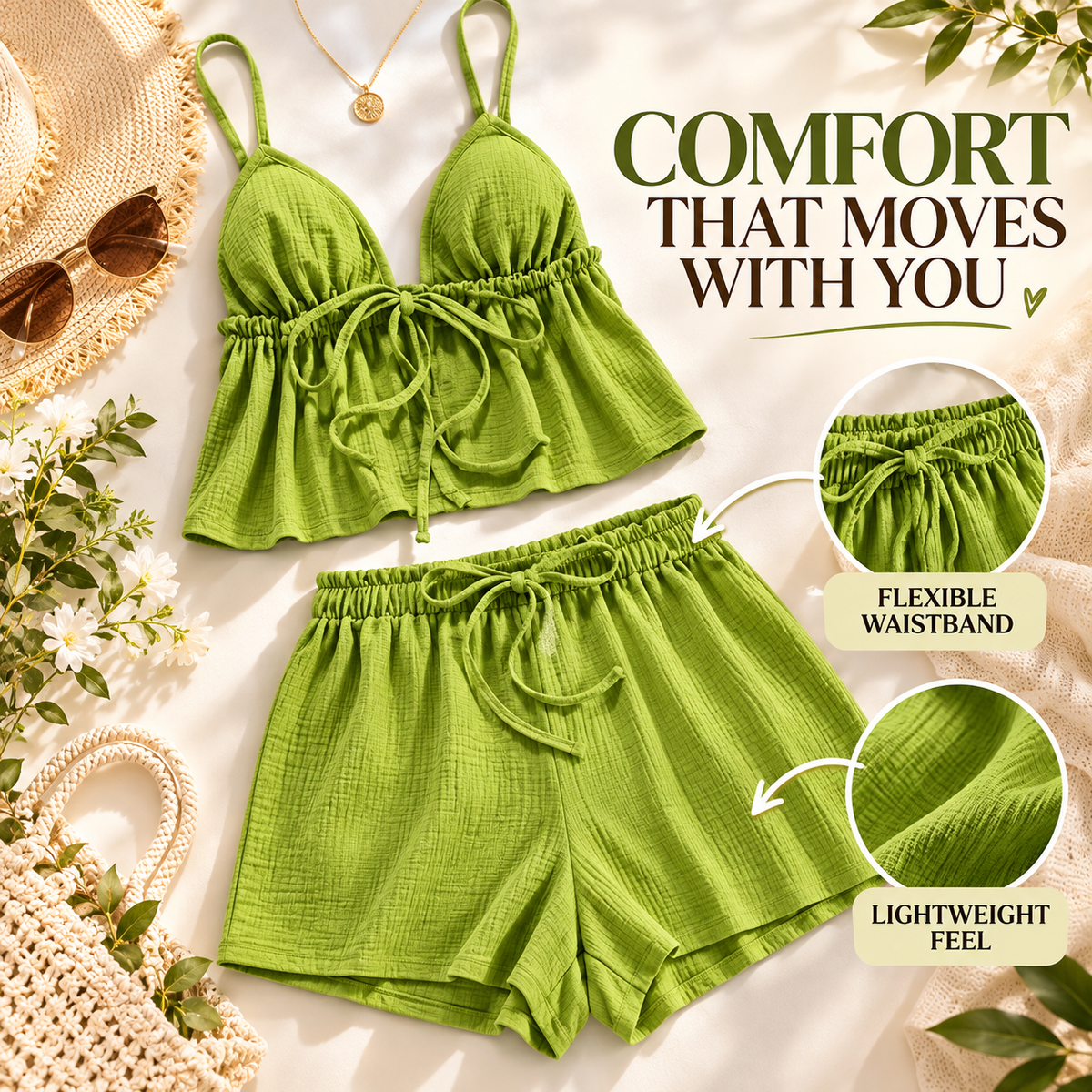 Lime Green Two Piece Set for Women, Tie Front Crop Cami Top and Shorts, Casual Summer Lounge Outfit, Beach Vacation Matching Set