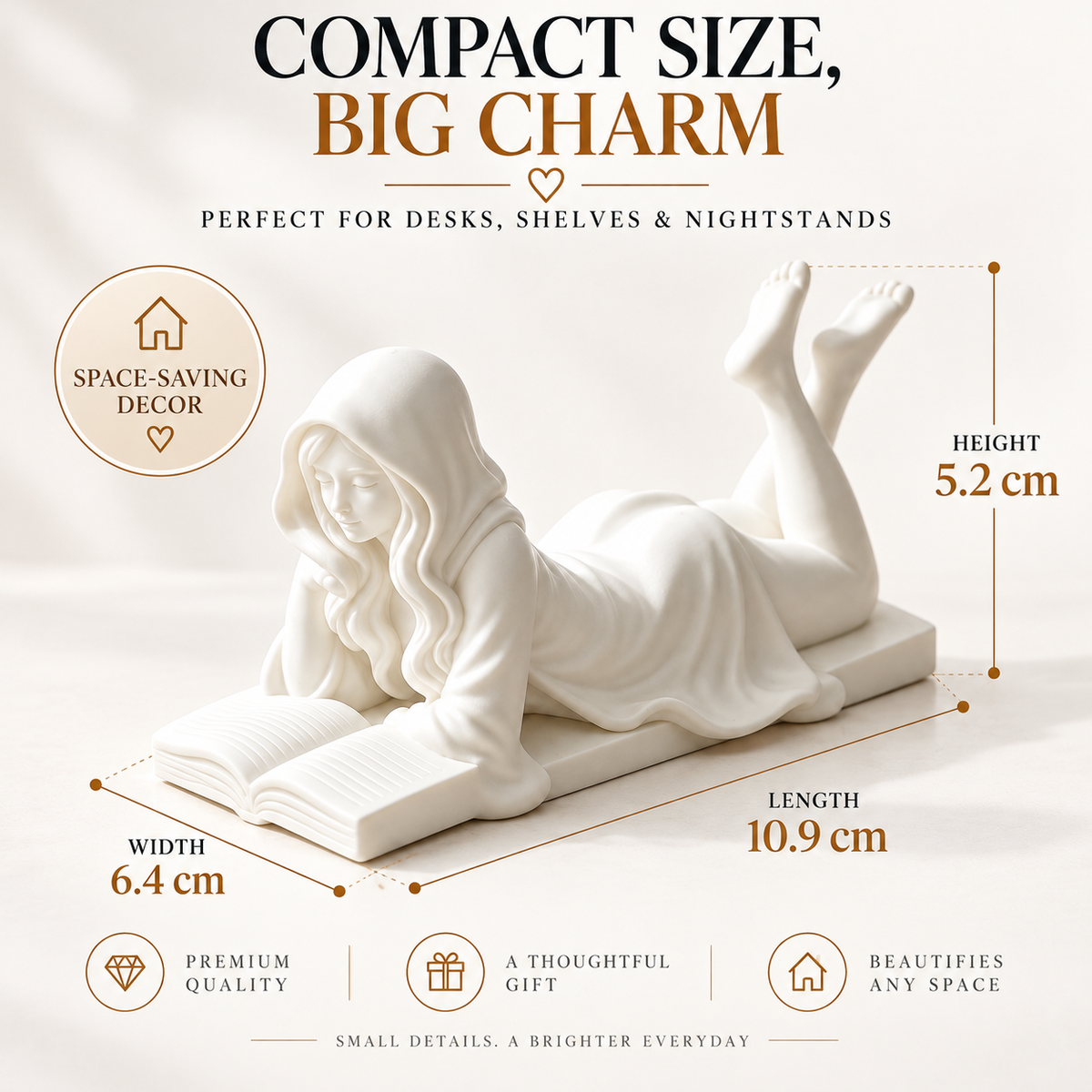 Hooded Reading Girl Figurine Book Lover Desk Decor Resin Sculpture Literary Shelf Accent Gift