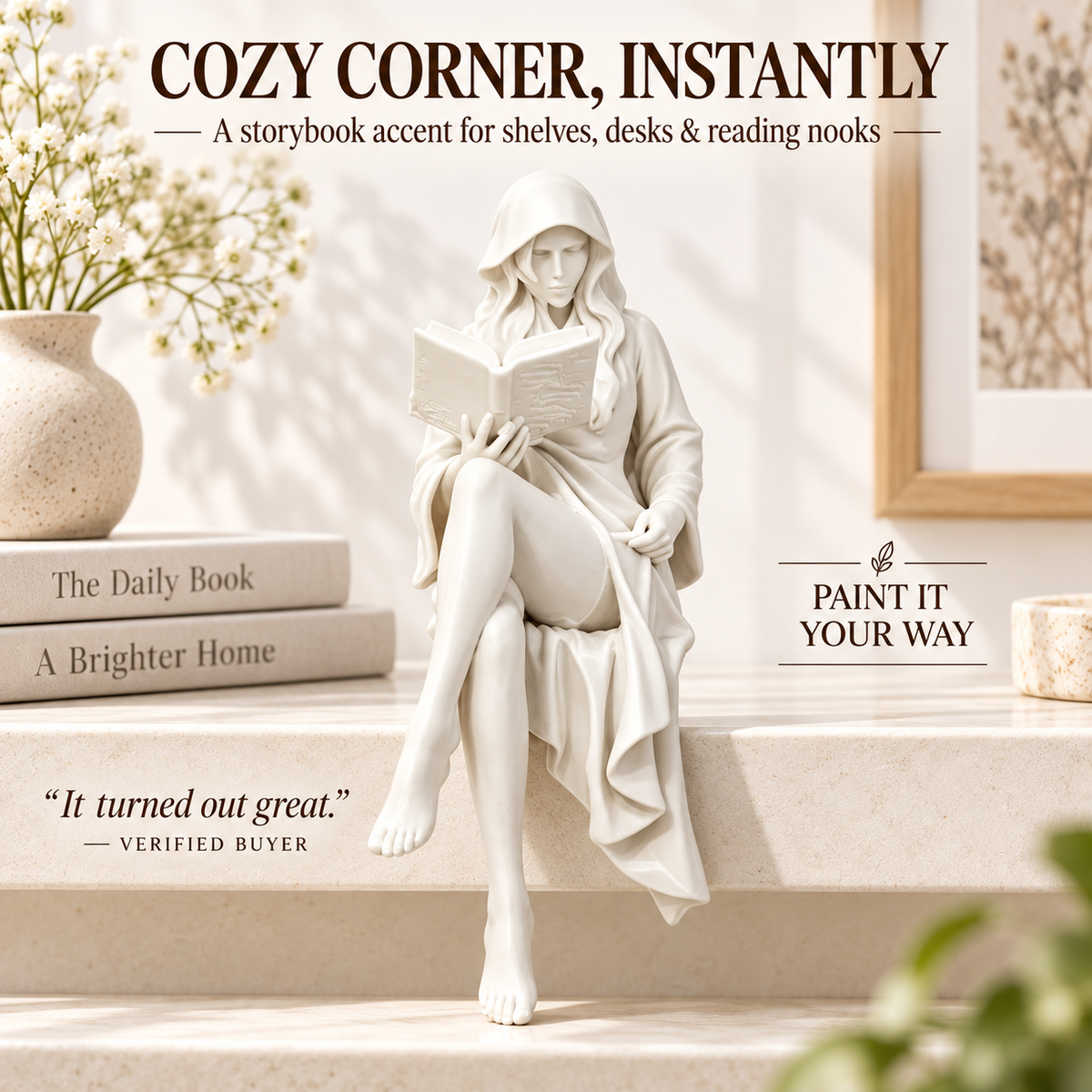 Reading Lady Figurine Book Reader Statue Resin Decor Shelf Ornament Desk Accent Home Gift