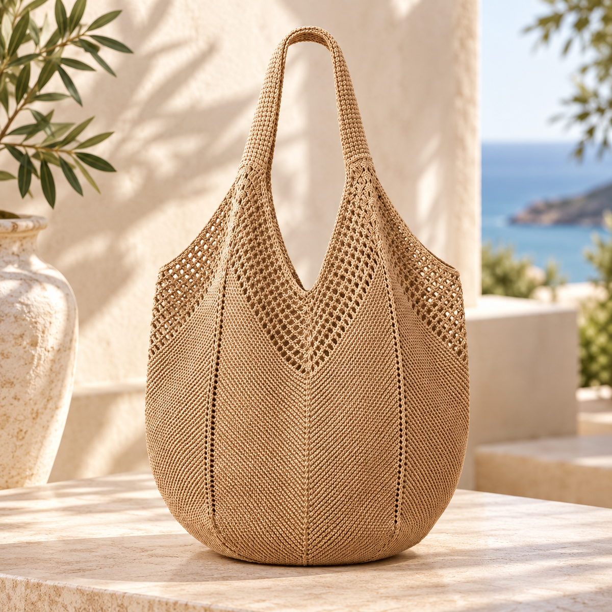 Crochet Shoulder Tote Bag | Large Capacity Beach Handbag | Lightweight Knitted Everyday Travel Purse