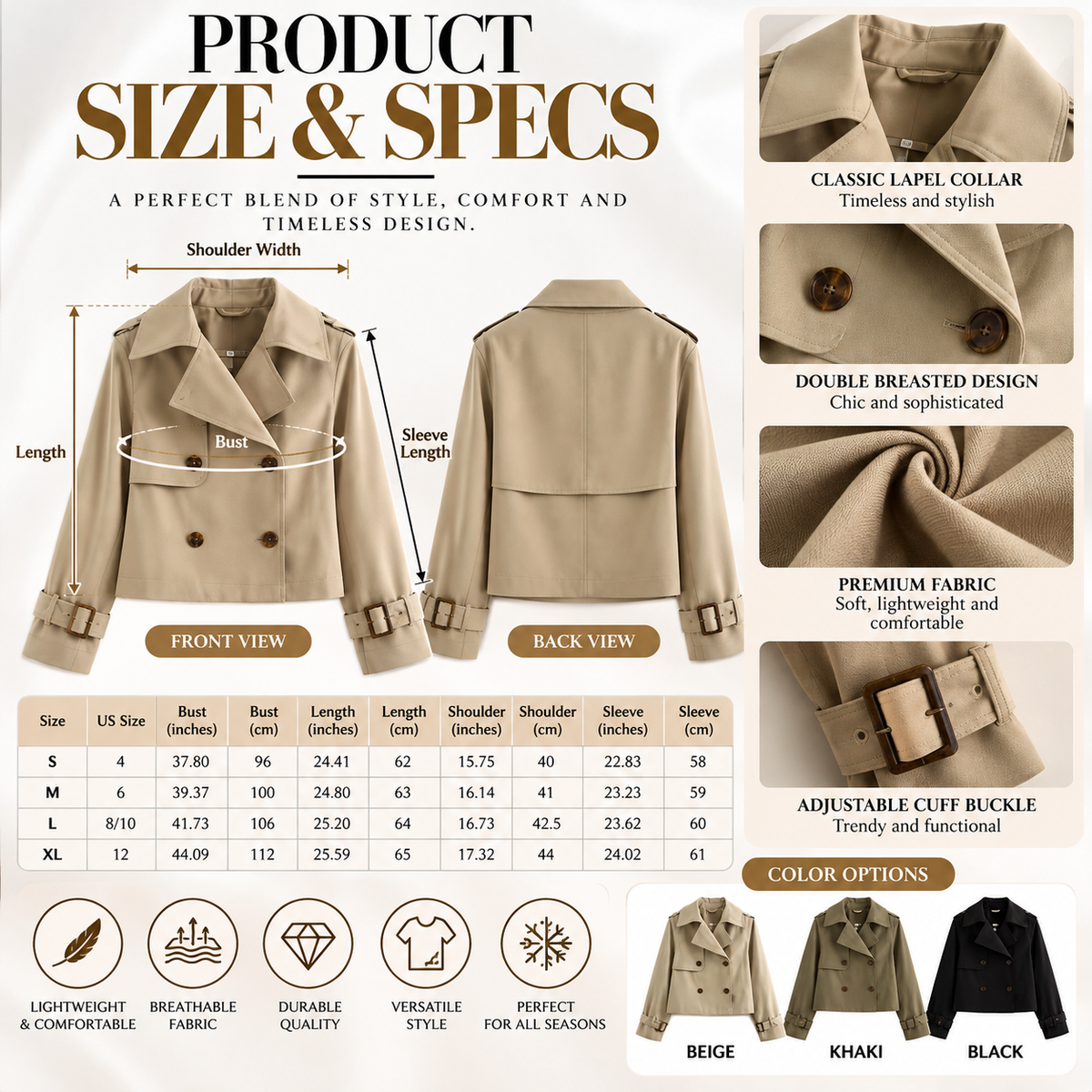 Olive Khaki Cropped Trench Jacket for Women, Double Breasted Short Coat, Elegant Casual Blazer, Lightweight Spring Fall Outerwear