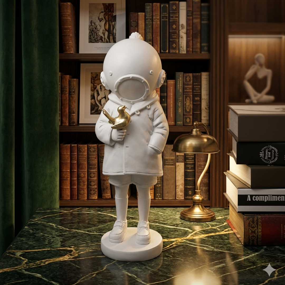 Astronaut Child Figurine with Golden Octopus Sculpture – Modern Space Art Decor