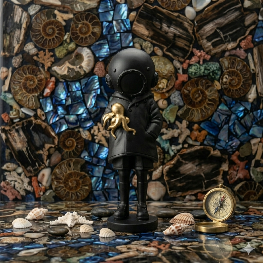 Astronaut Child Figurine with Golden Octopus Sculpture – Modern Space Art Decor