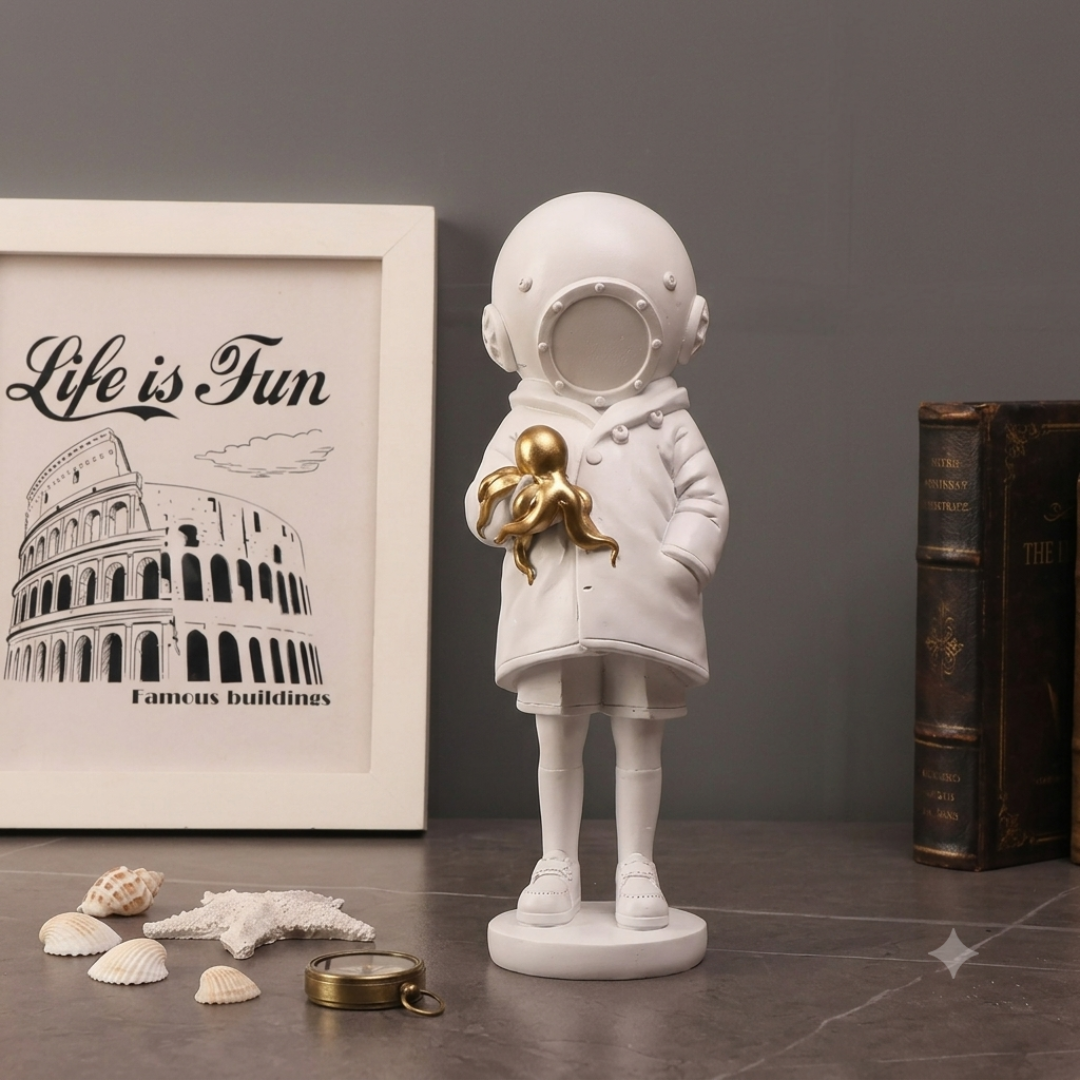 Astronaut Child Figurine with Golden Octopus Sculpture – Modern Space Art Decor