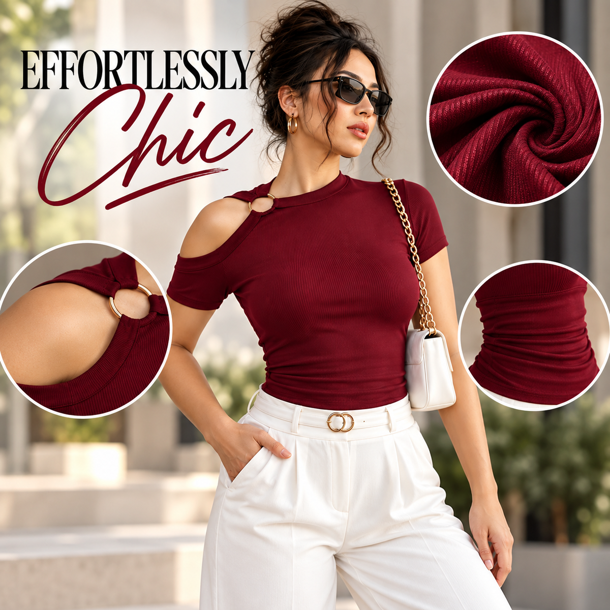 Women’s Burgundy Ribbed Cutout Shoulder Top, Fitted Stretch Shirt, Chic Short Sleeve Top, Casual Date Night Blouse