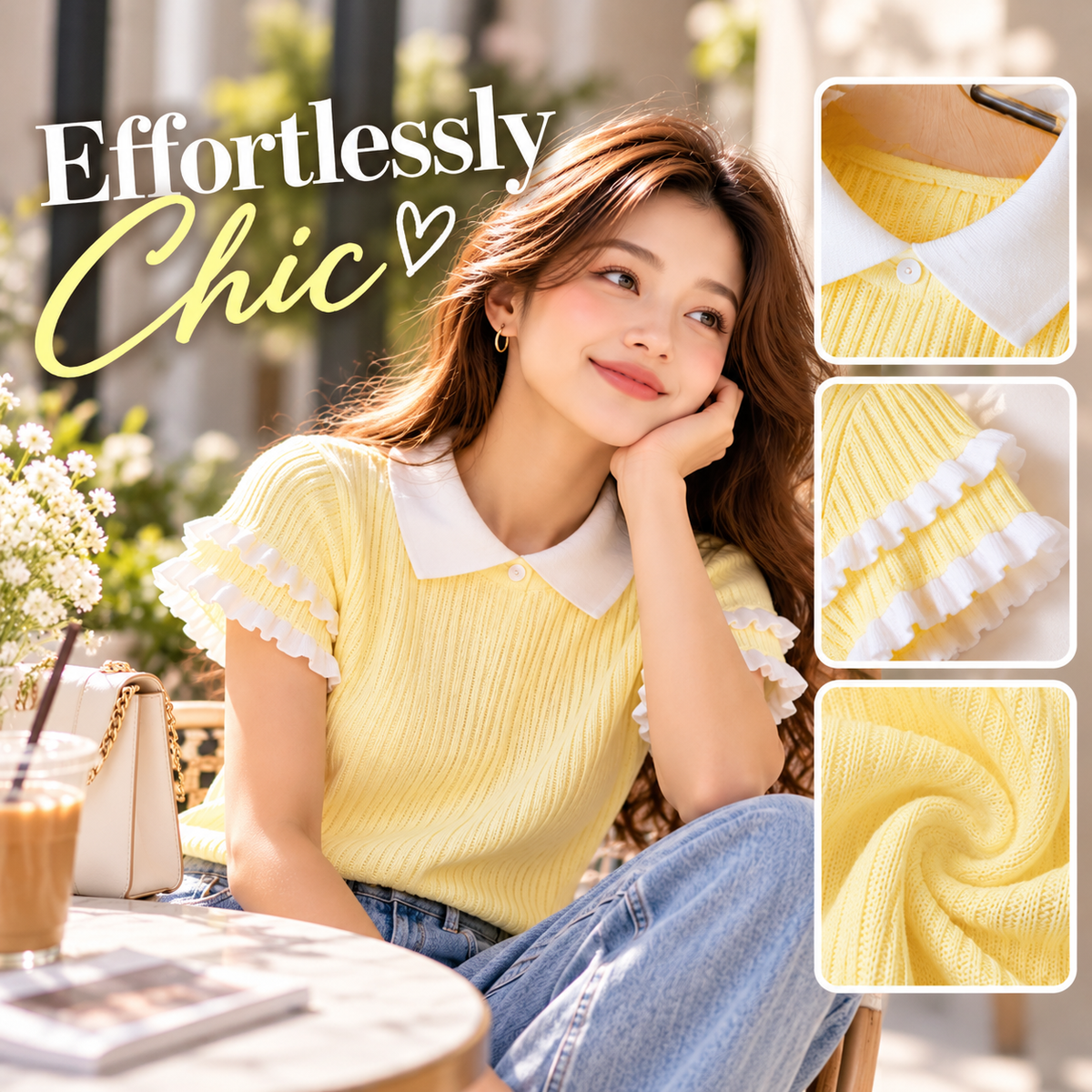 Yellow Knit Top for Women, Peter Pan Collar Sweater Top, Ruffle Sleeve Shirt, Cute Preppy Top, Soft Ribbed Knit Blouse