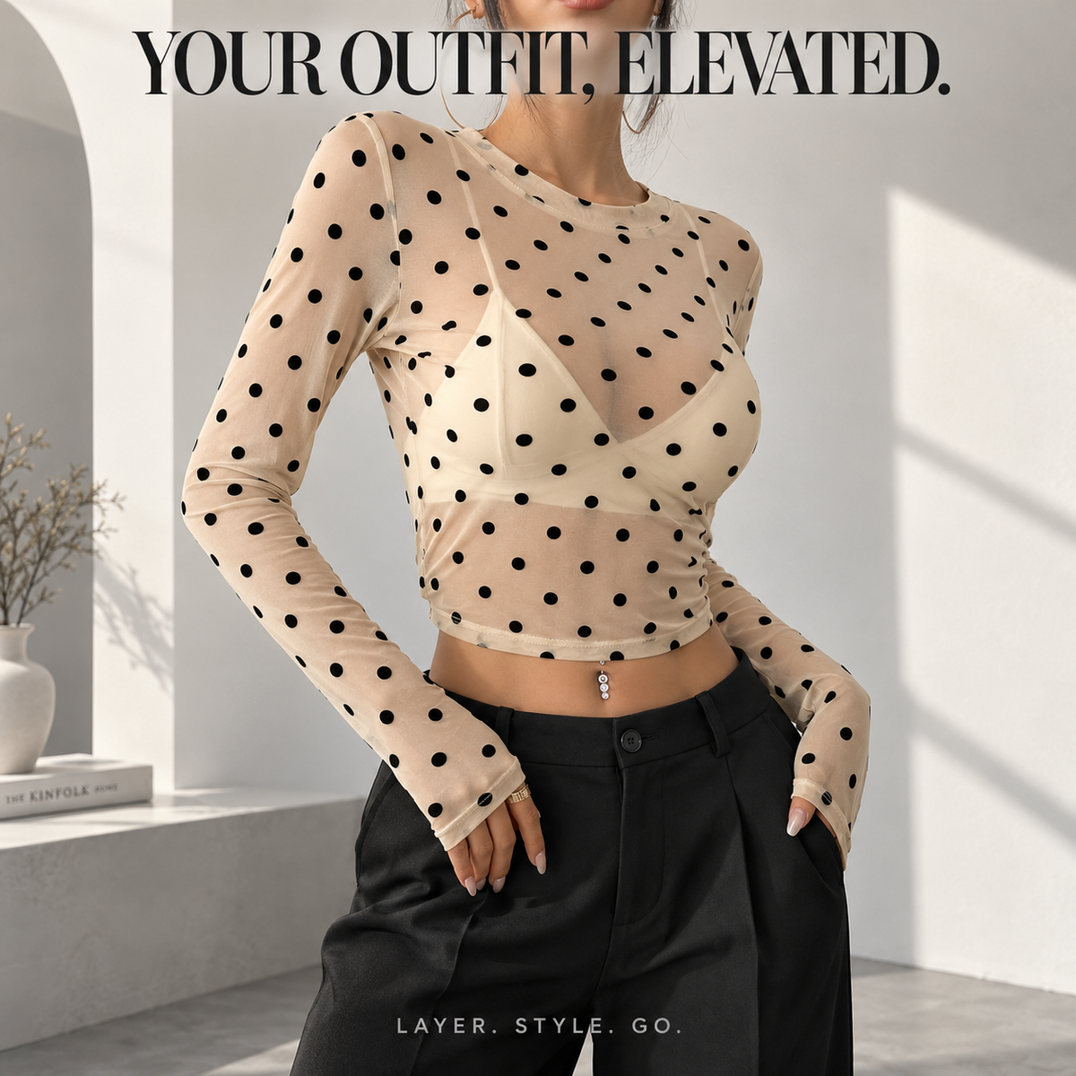 Sheer Polka Dot Crop Top | Women's Mesh Long Sleeve Blouse | Fitted Round Neck Shirt | Feminine Layering