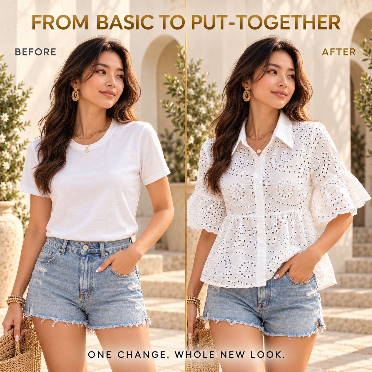 White Eyelet Blouse Women, French Embroidered Puff Sleeve Summer Top, Scalloped Hem Romantic Casual Shirt