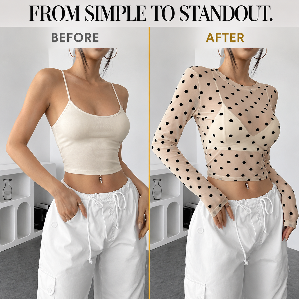 Sheer Polka Dot Crop Top | Women's Mesh Long Sleeve Blouse | Fitted Round Neck Shirt | Feminine Layering