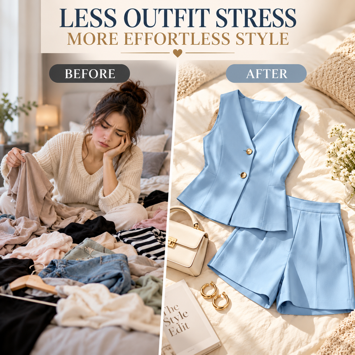 Women’s Blue Two Piece Set, Sleeveless V Neck Vest and High Waisted Shorts, Elegant Summer Matching Outfit, Chic Casual Co Ord Set