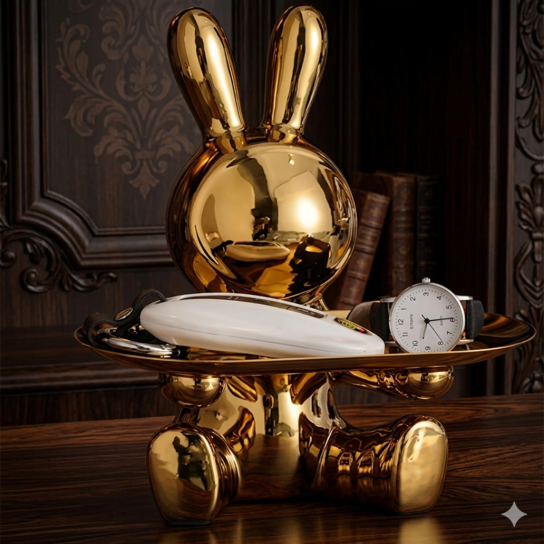 Decorative Rabbit Figurine Statue on Ornate Tray — Luxury Bunny Sculpture for Home Décor