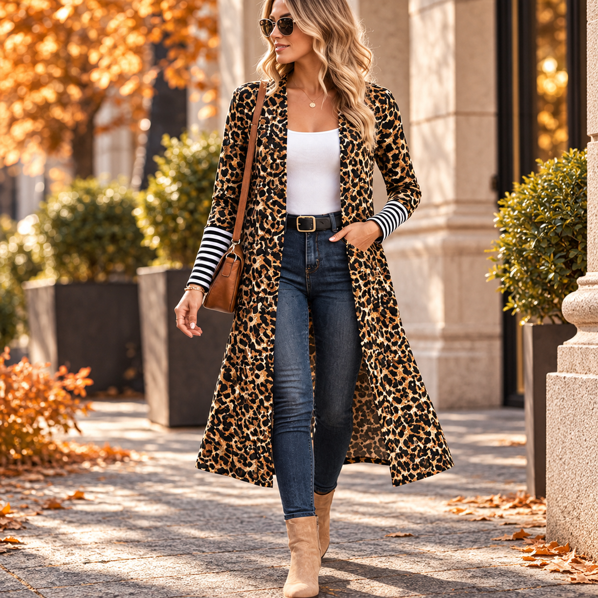 Leopard Print Long Cardigan for Women, Long Sleeve Open Front Sweater, Mid Length Animal Print Layering Top, Autumn Fall Outfit