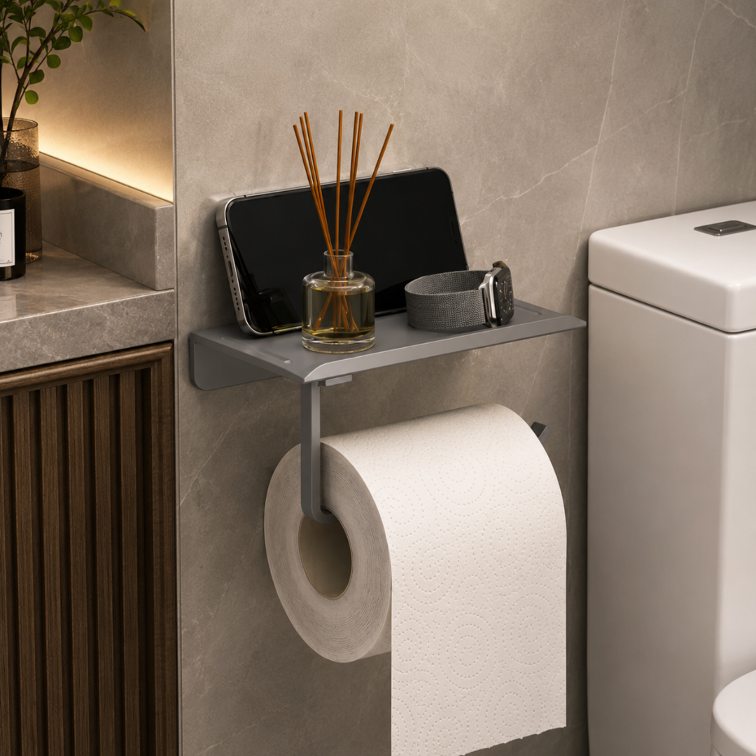 No Drill Toilet Paper Holder, Wall Mounted Shelf Organizer, Space Saving Holder