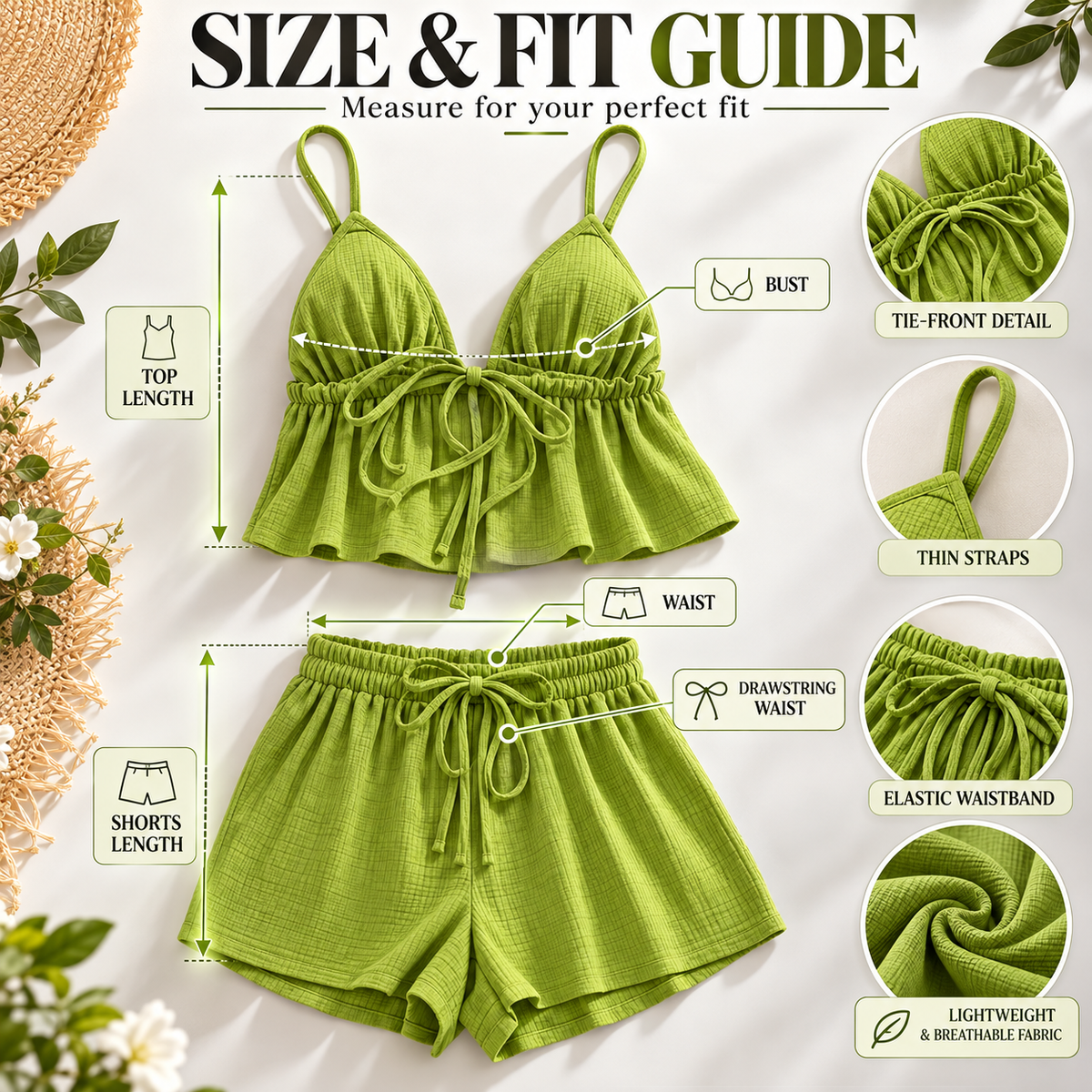 Lime Green Two Piece Set for Women, Tie Front Crop Cami Top and Shorts, Casual Summer Lounge Outfit, Beach Vacation Matching Set