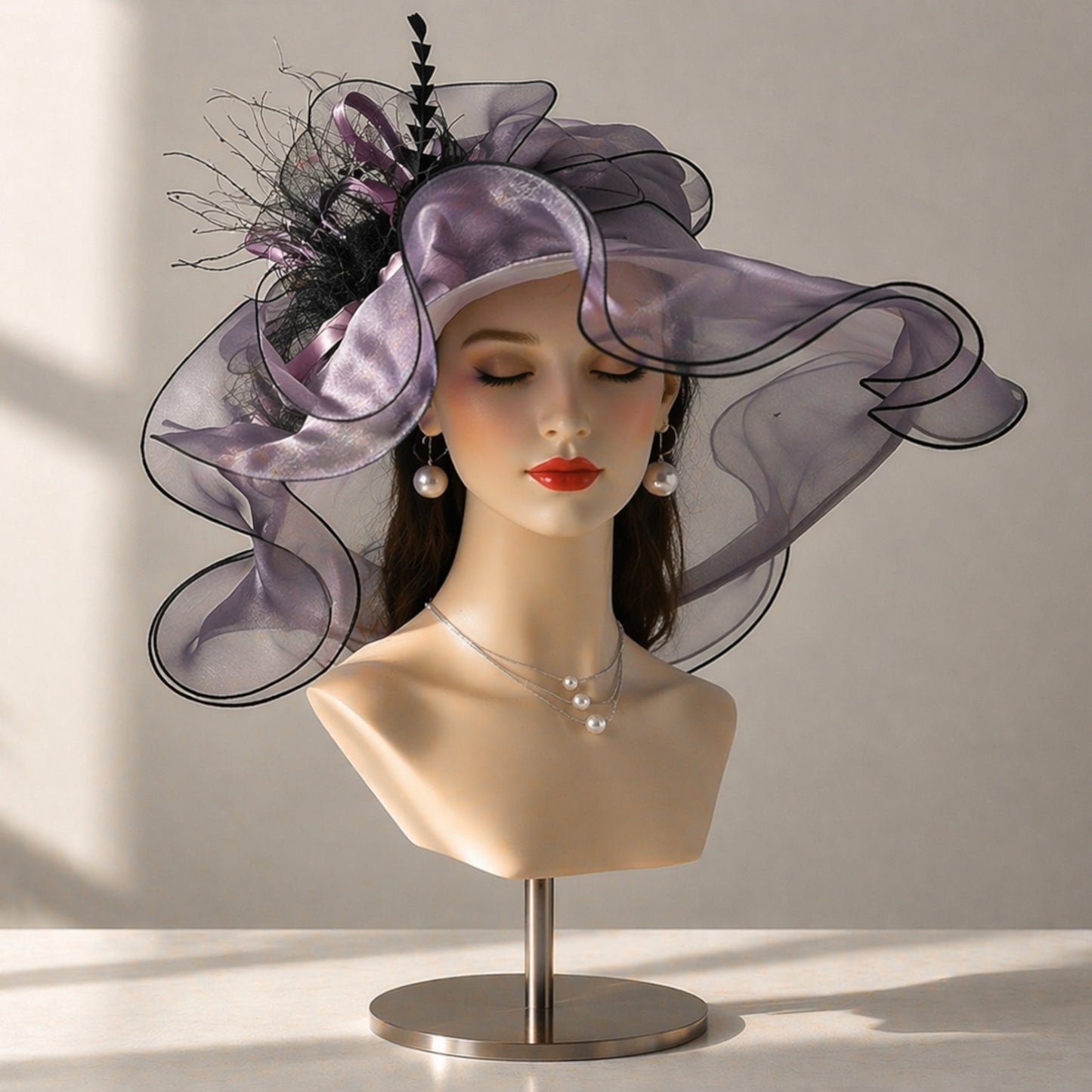 Women’s Elegant Wide Brim Hat | Organza Bow Church Wedding Party Hat