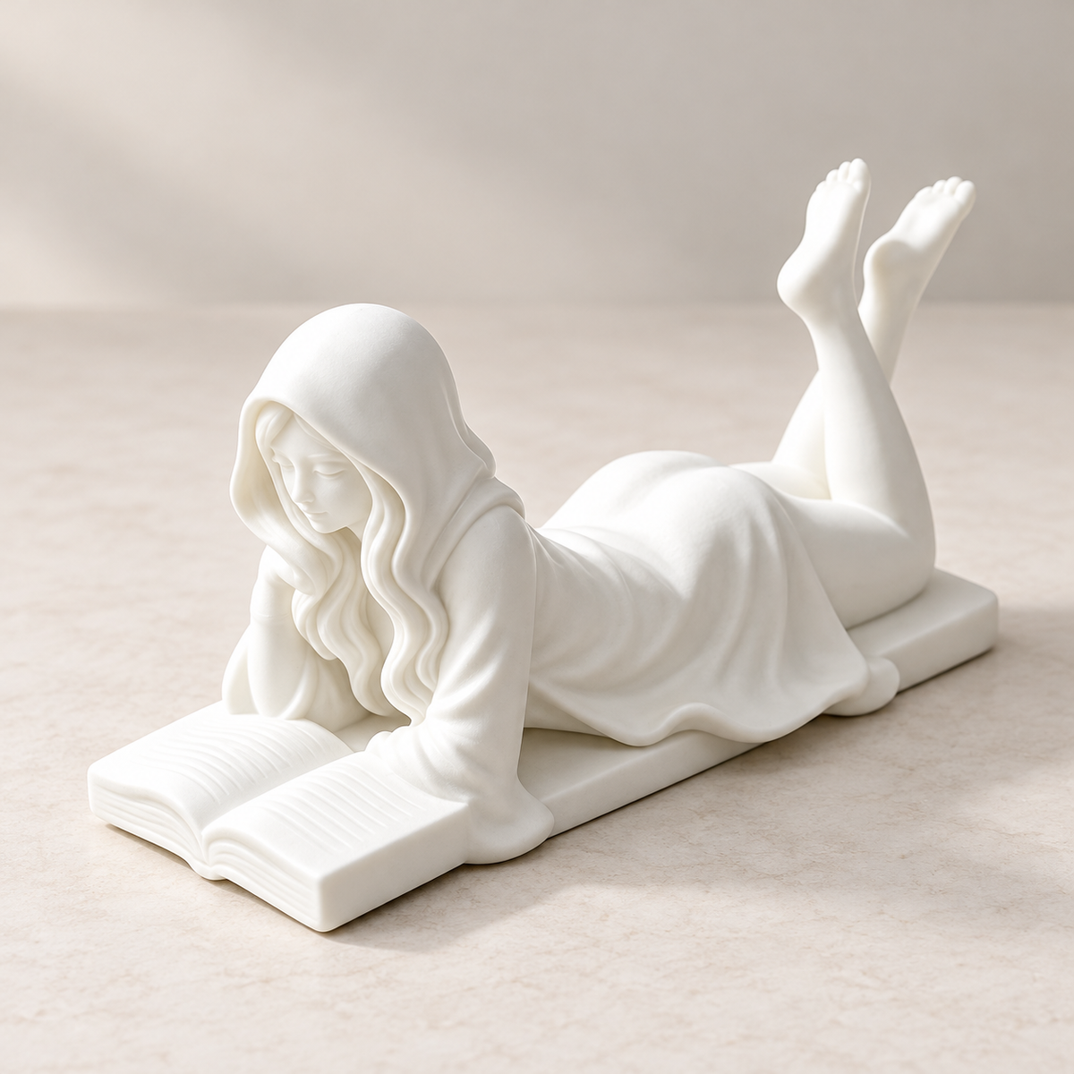 Hooded Reading Girl Figurine Book Lover Desk Decor Resin Sculpture Literary Shelf Accent Gift
