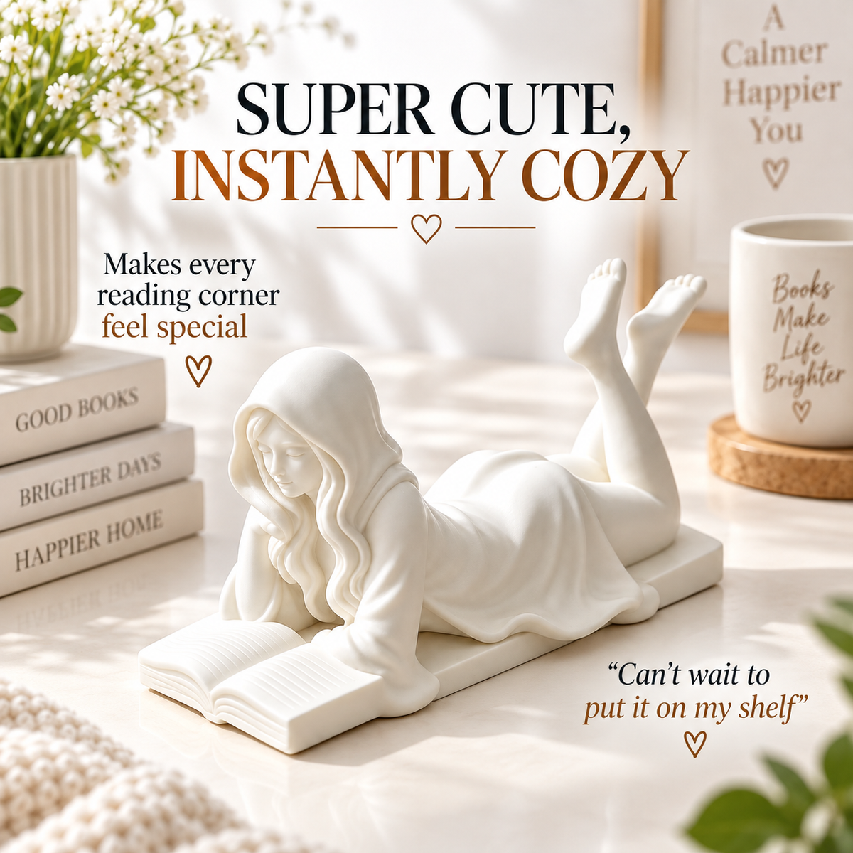 Hooded Reading Girl Figurine Book Lover Desk Decor Resin Sculpture Literary Shelf Accent Gift