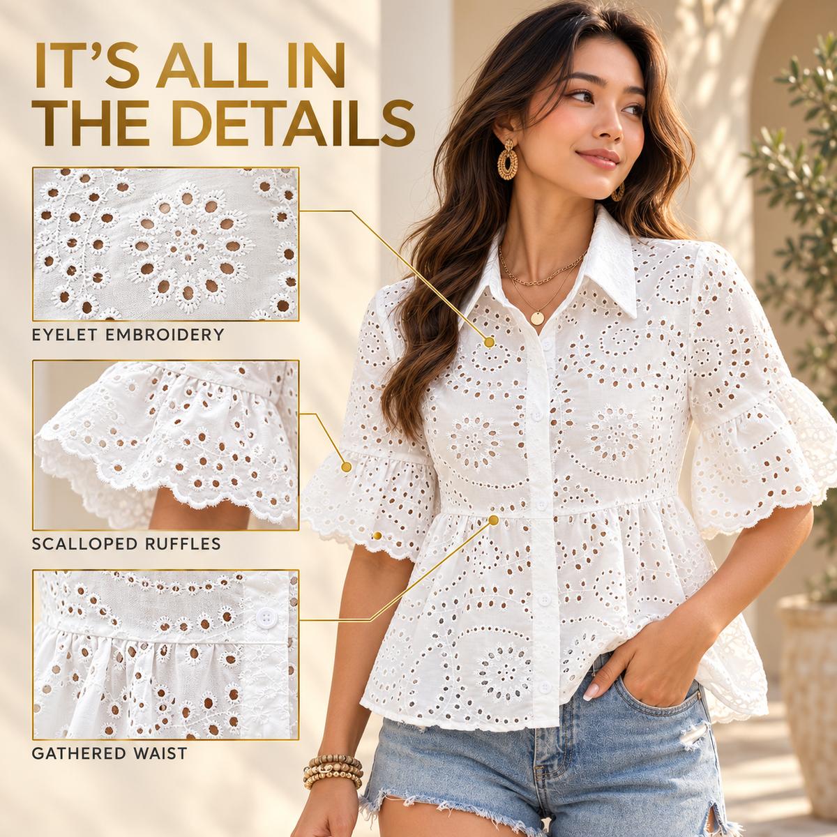 White Eyelet Blouse Women, French Embroidered Puff Sleeve Summer Top, Scalloped Hem Romantic Casual Shirt