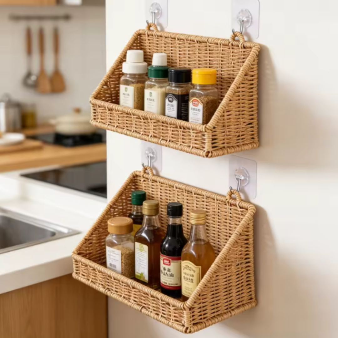 Wall Mounted Storage Basket – Boho Rattan-Look Hanging Organizer