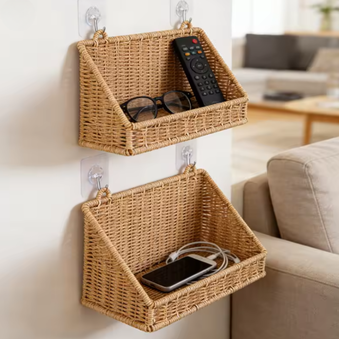 Wall Mounted Storage Basket – Boho Rattan-Look Hanging Organizer