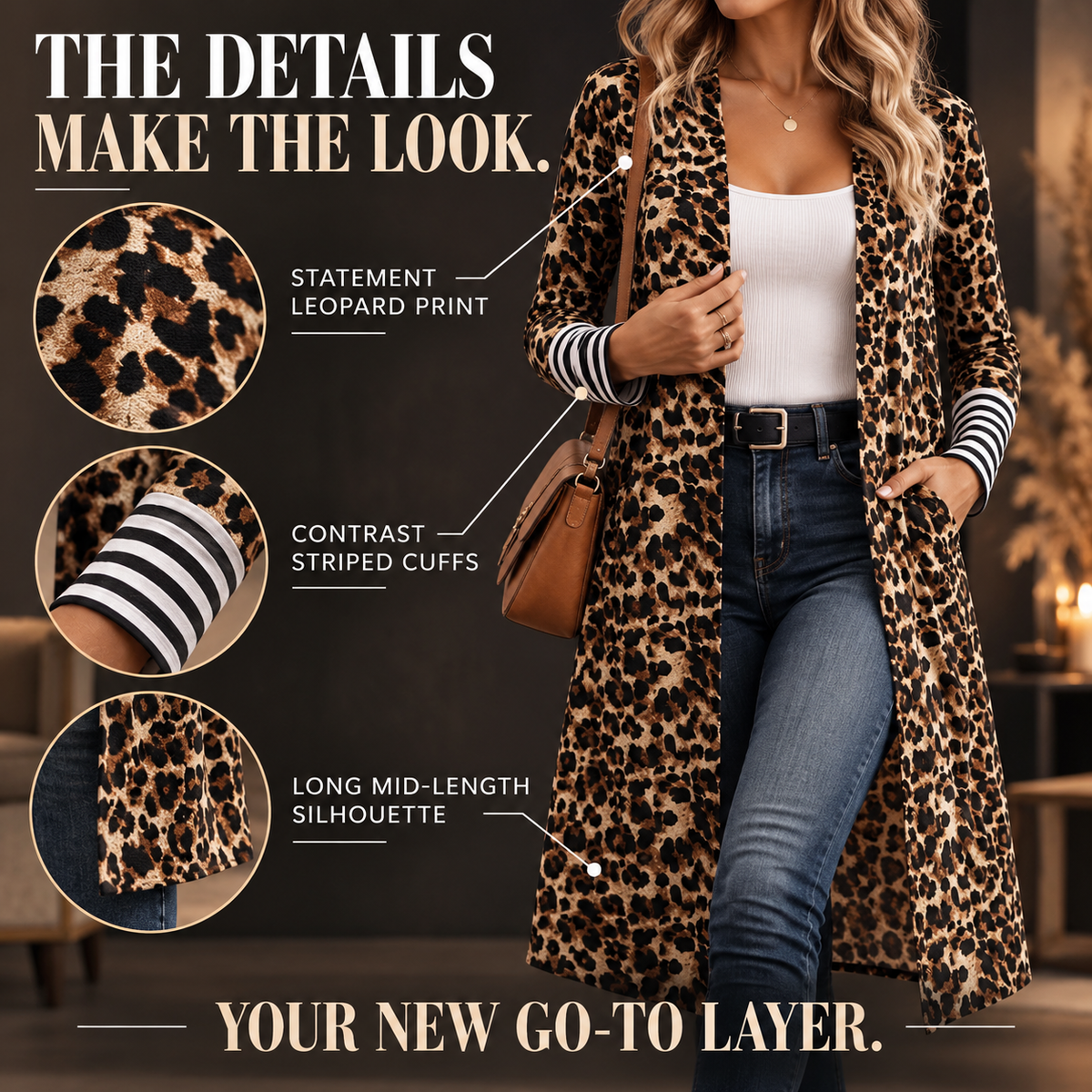 Leopard Print Long Cardigan for Women, Long Sleeve Open Front Sweater, Mid Length Animal Print Layering Top, Autumn Fall Outfit