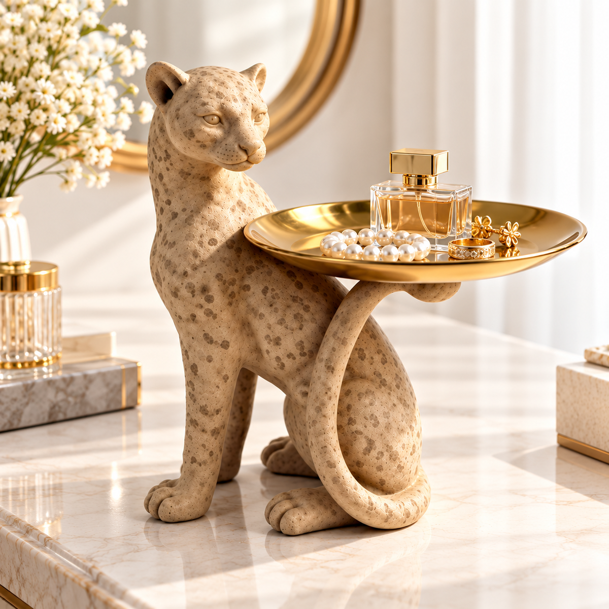 Leopard Statue Decorative Tray, Spotted Panther Figurine, Freestanding Jewelry Holder, Modern Tabletop Home Decor