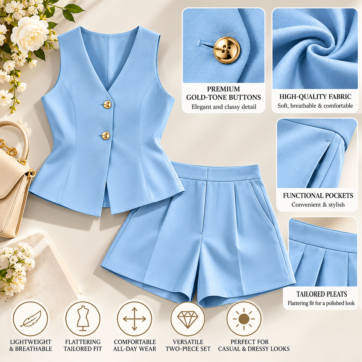 Women’s Blue Two Piece Set, Sleeveless V Neck Vest and High Waisted Shorts, Elegant Summer Matching Outfit, Chic Casual Co Ord Set