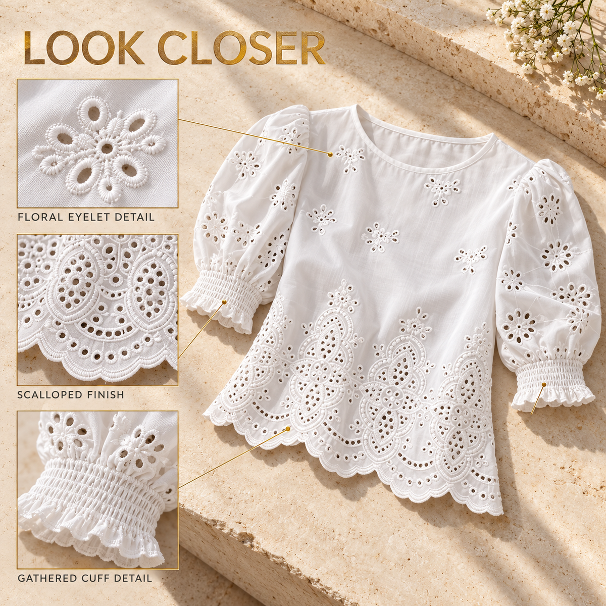 Puff Sleeve Eyelet Blouse Scalloped Embroidered White Shirt