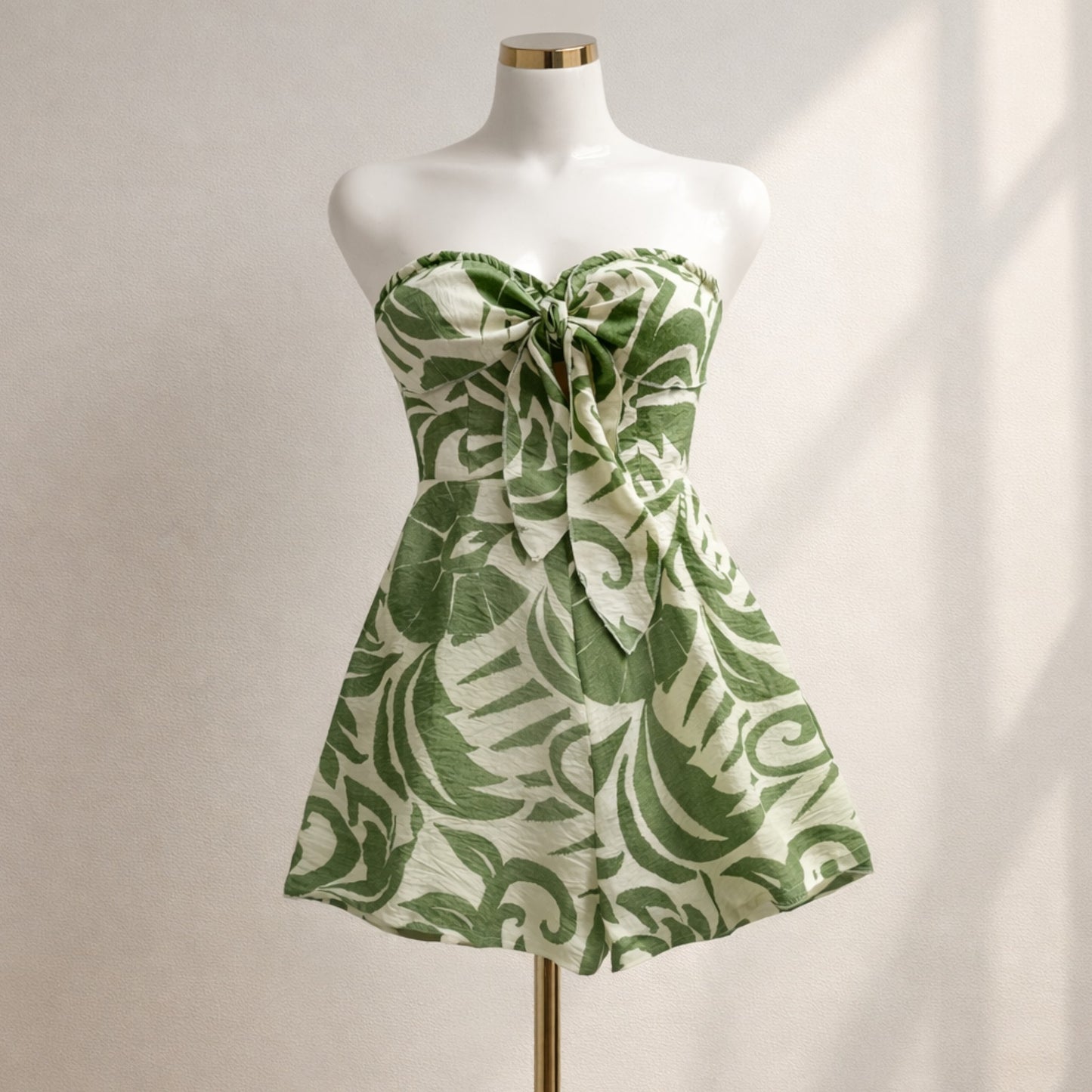 Women’s Strapless Summer Romper | Leaf Print Tie Front Beach Outfit