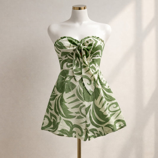 Women’s Strapless Summer Romper | Leaf Print Tie Front Beach Outfit