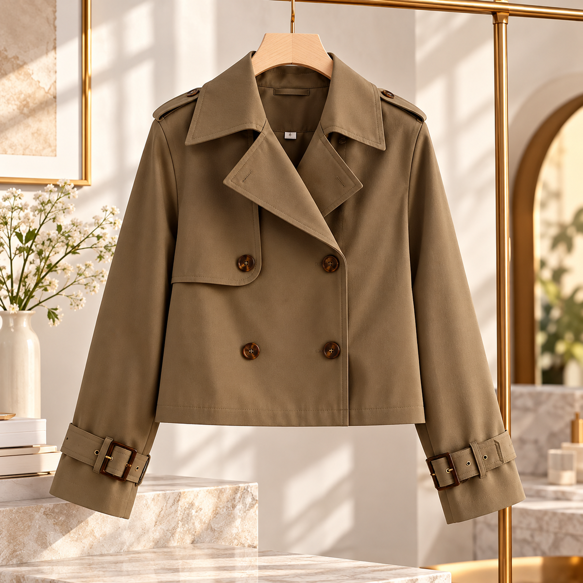 Olive Khaki Cropped Trench Jacket for Women, Double Breasted Short Coat, Elegant Casual Blazer, Lightweight Spring Fall Outerwear