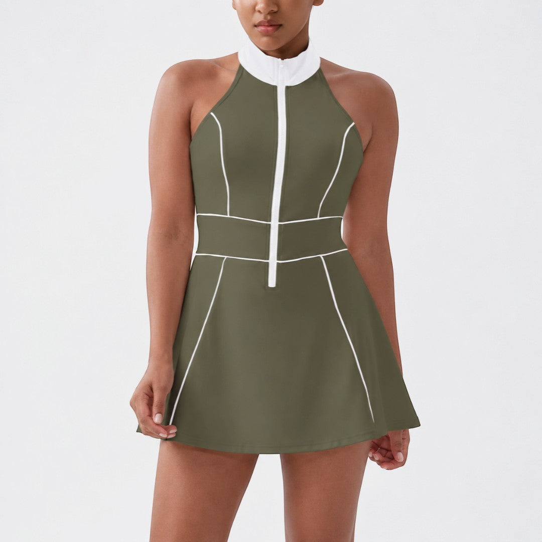 Tennis Dress With Shorts | Sleeveless Athletic Outfit | Contrast Trim Zipper Stand Collar | Workout Gym Yoga Clothing | Casual Court Style