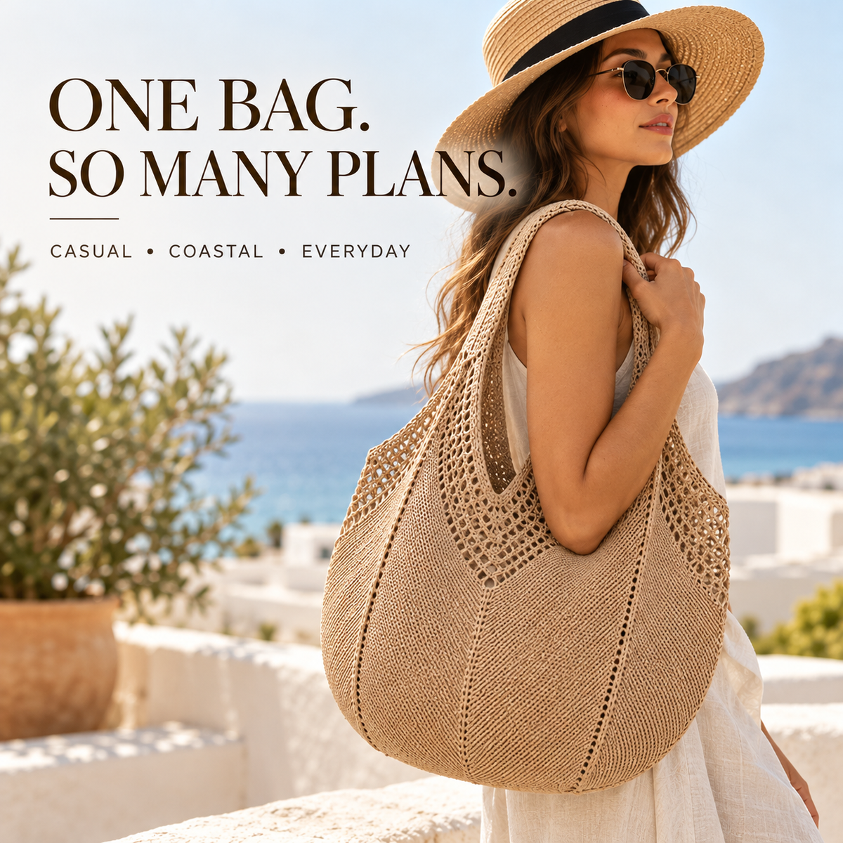 Crochet Shoulder Tote Bag | Large Capacity Beach Handbag | Lightweight Knitted Everyday Travel Purse