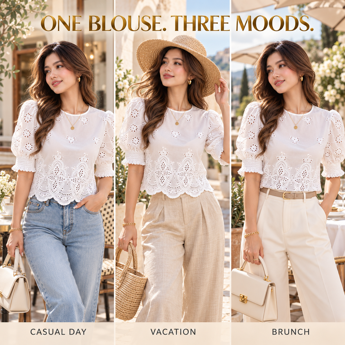 Puff Sleeve Eyelet Blouse Scalloped Embroidered White Shirt