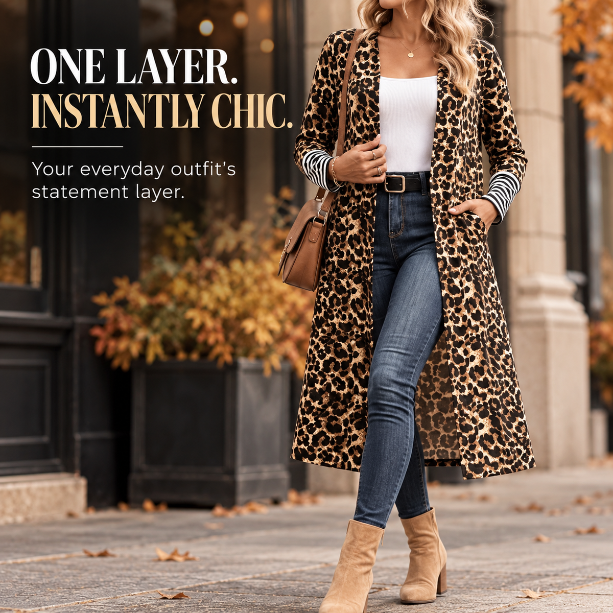 Leopard Print Long Cardigan for Women, Long Sleeve Open Front Sweater, Mid Length Animal Print Layering Top, Autumn Fall Outfit
