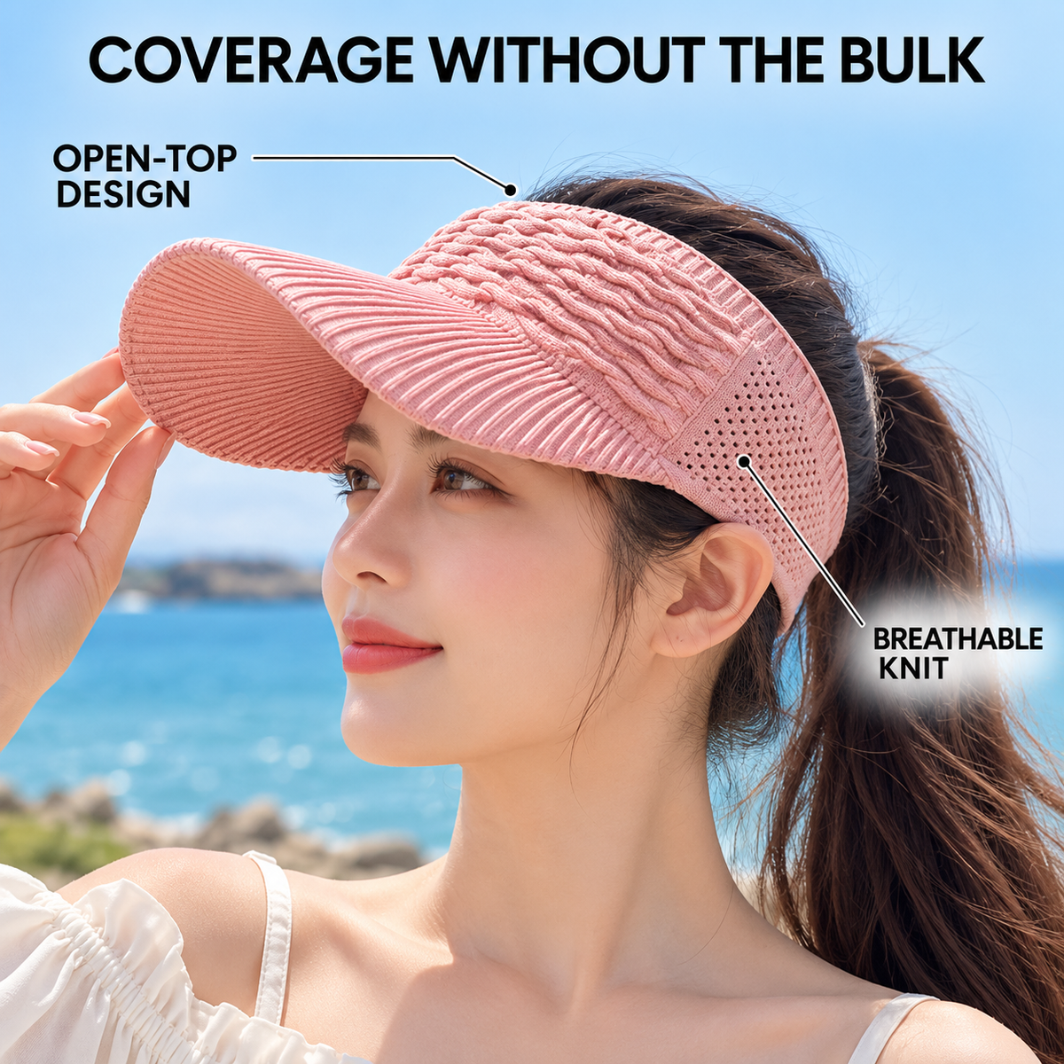 Women’s UV Sun Visor Hat, Breathable Visor Cap, Adjustable Open Top Sun Hat, Ponytail Beach Hat, Lightweight Summer Headwear