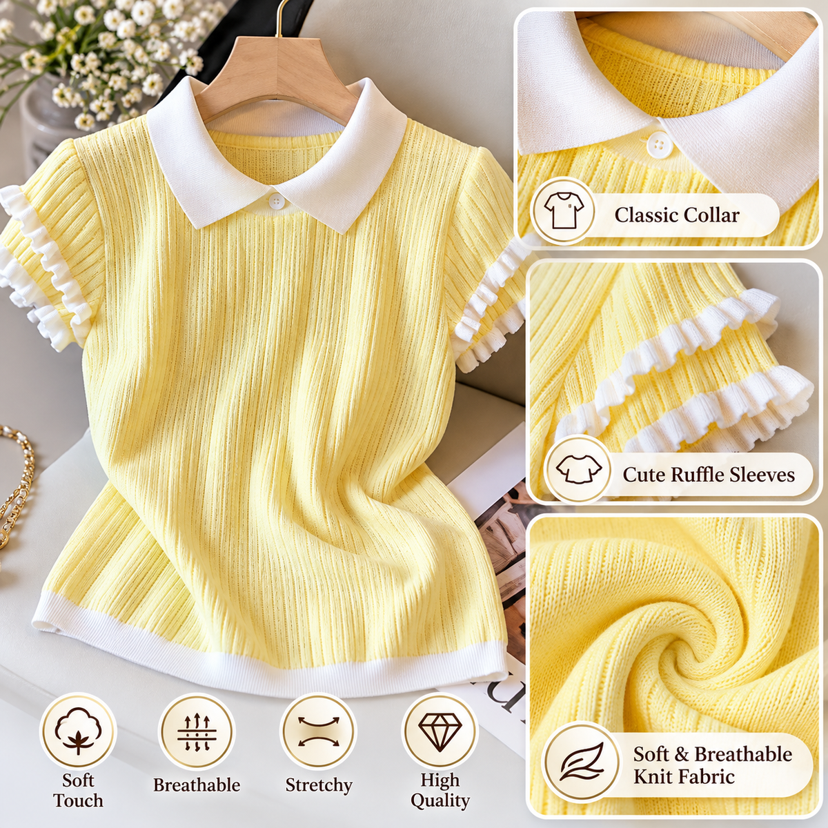 Yellow Knit Top for Women, Peter Pan Collar Sweater Top, Ruffle Sleeve Shirt, Cute Preppy Top, Soft Ribbed Knit Blouse