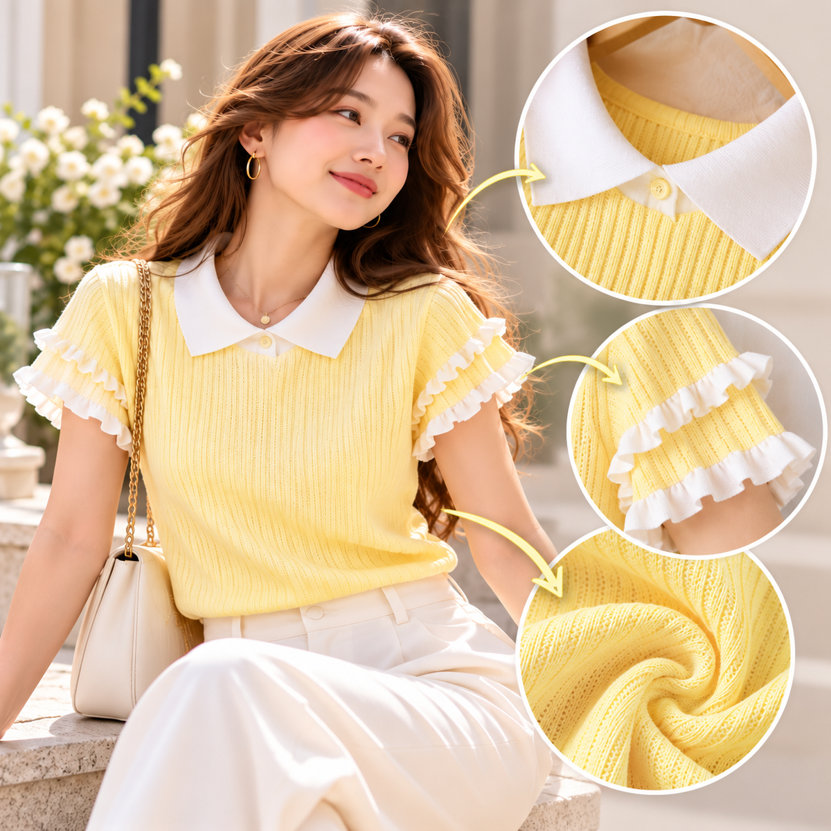 Yellow Knit Top for Women, Peter Pan Collar Sweater Top, Ruffle Sleeve Shirt, Cute Preppy Top, Soft Ribbed Knit Blouse